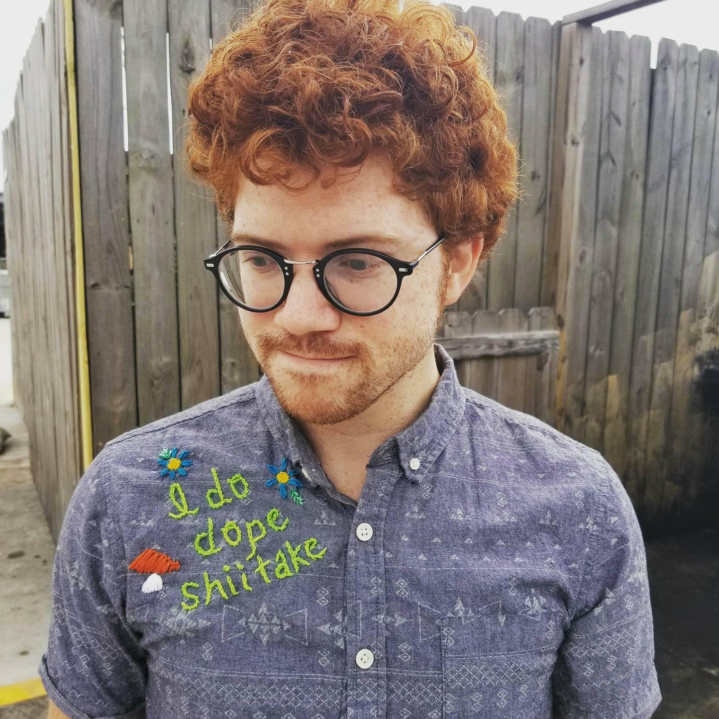 I Do Dope Shittake Upcycled Short Sleeve Button Up Shirt Hip Hop Hand Embroidery Kanye Dave Chapelle Veggie Indie One of A Kind