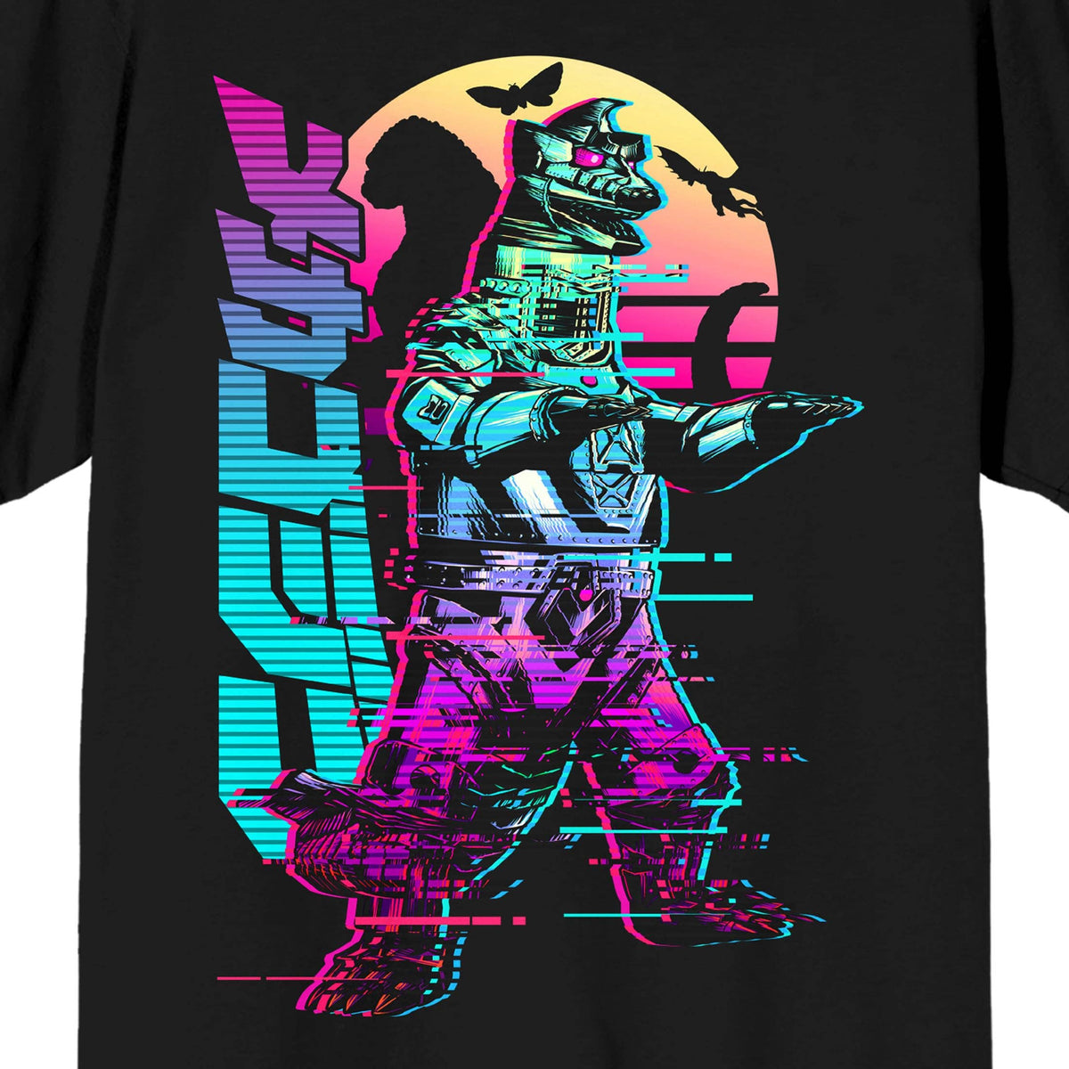Godzilla Classic Godzilla, Japanese Characters, Colored Shadows Adult Black Short Sleeve Tee Shirt: XL