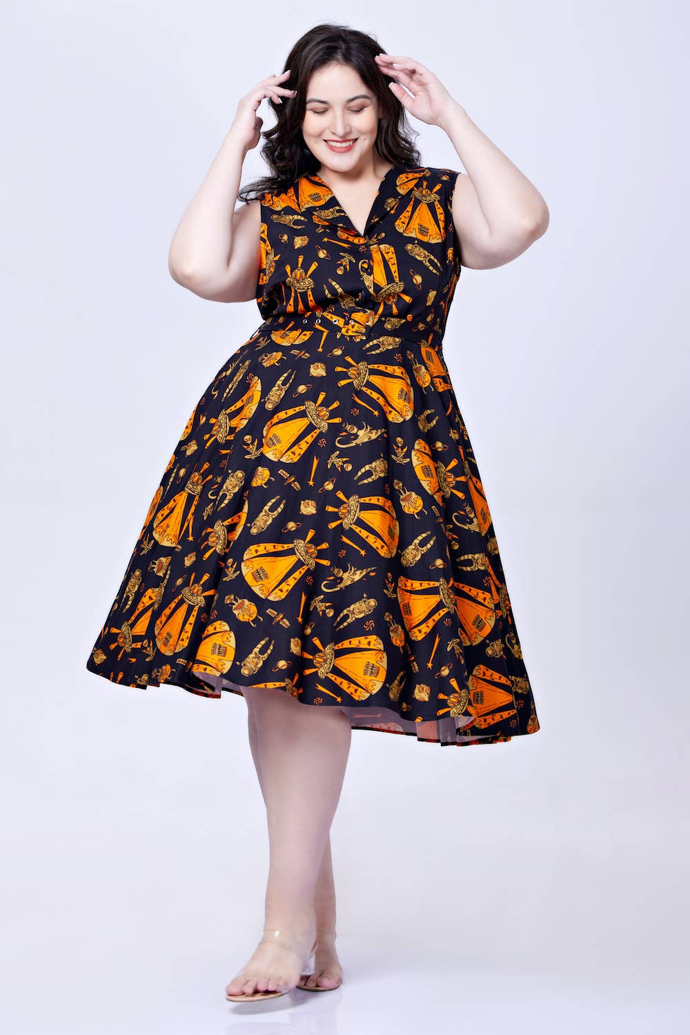 239103-CHARCOAL MULTI | Jani | Fit & Flare Dress w/ Pockets: Charcoal Multi / M