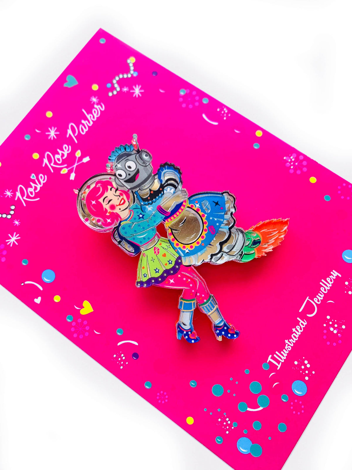 Robot & Space Girl Acrylic Brooch,Retro Sci-Fi Pin