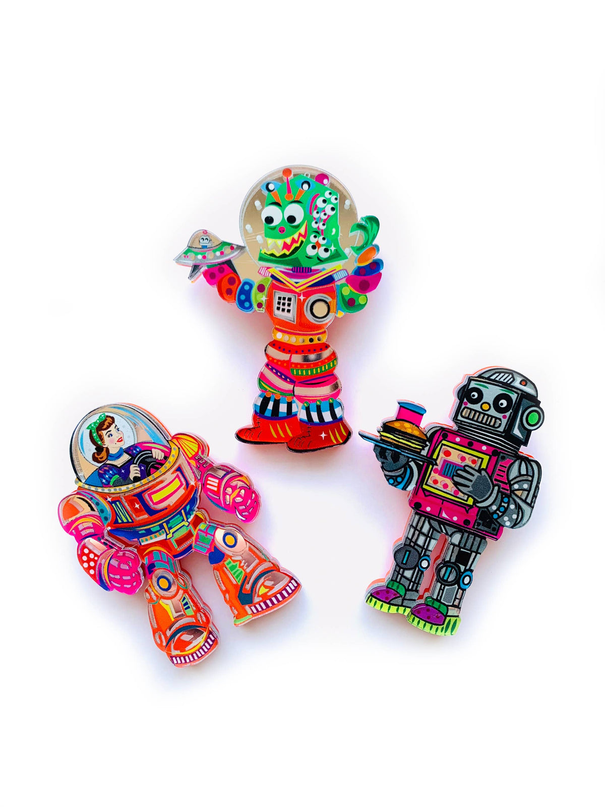 Space Girl Mech Suit Acrylic Brooch ,Retro quirky Sci-Fi Pin