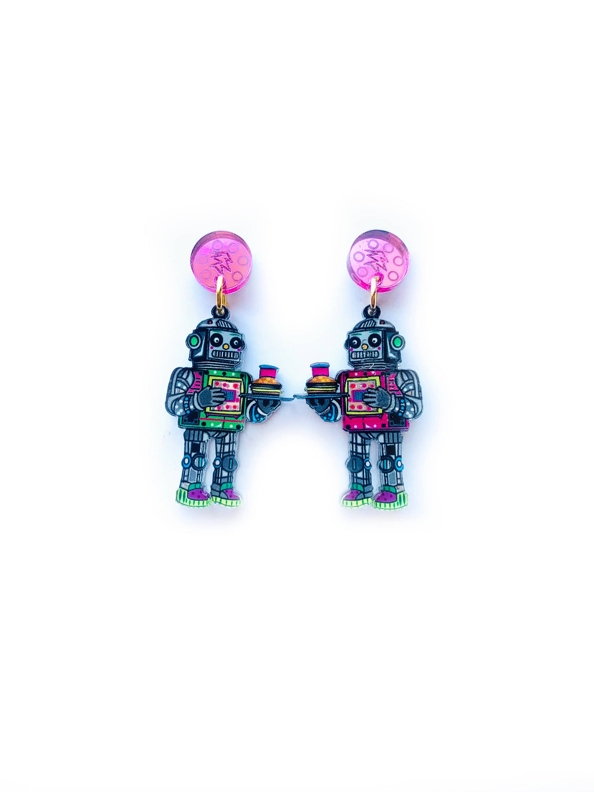 Retro Robot Acrylic Dangle Earrings – Quirky Sci-Fi Jewelry