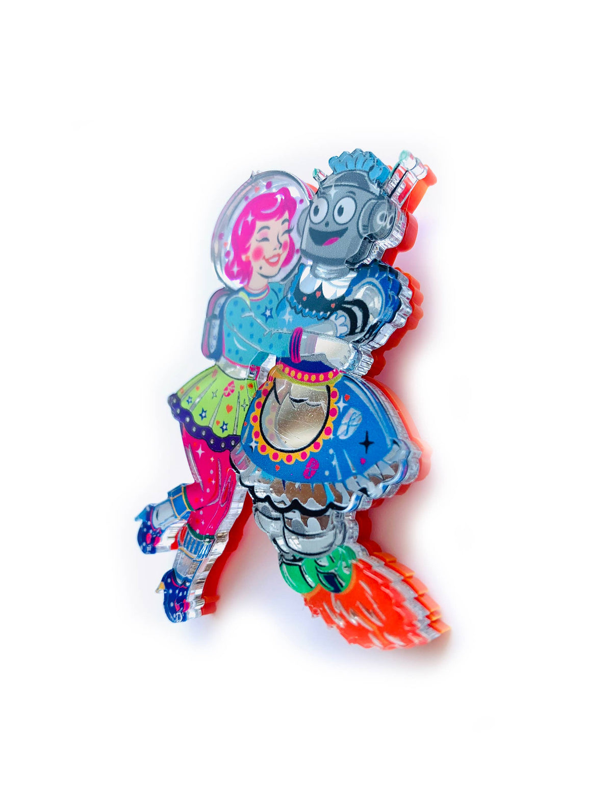Robot & Space Girl Acrylic Brooch,Retro Sci-Fi Pin