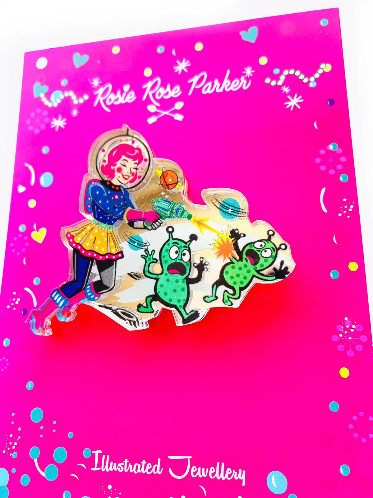 Space Girl Alien Blaster Acrylic Brooch, Retro Sci-Fi Pin