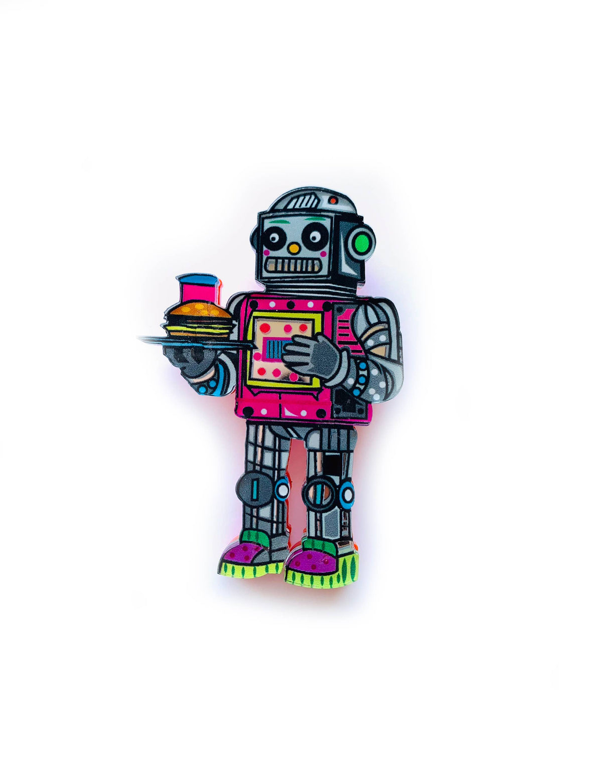 Retro Diner Robot Brooch 1950s Sci-Fi Waiter Acrylic Pin
