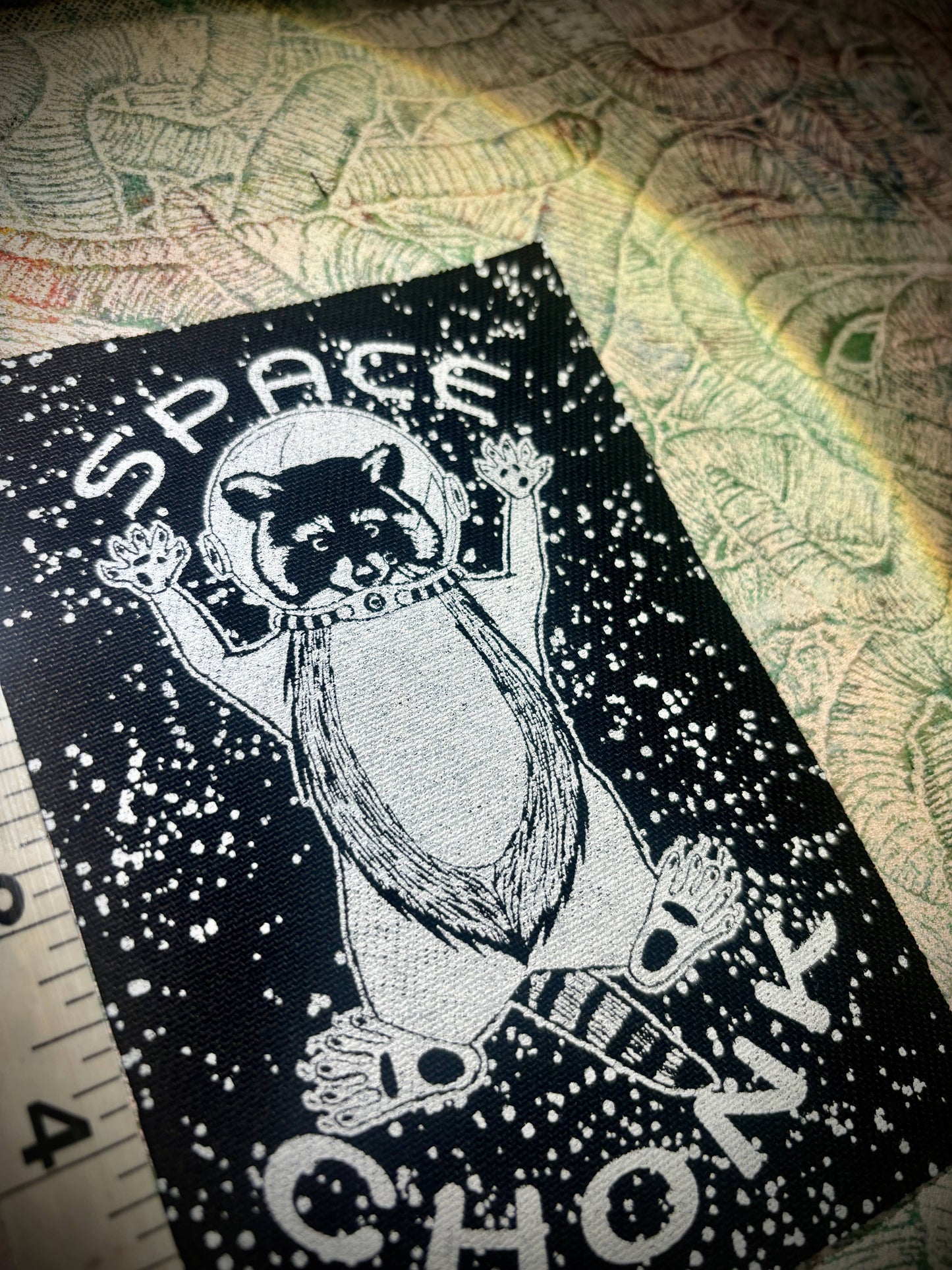 Space Chonk, Raccoon space traveler patch.: Black w/white ink