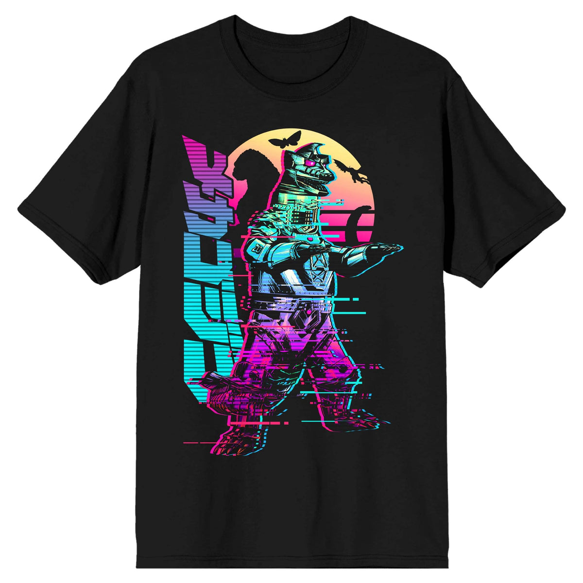 Godzilla Classic Godzilla, Japanese Characters, Colored Shadows Adult Black Short Sleeve Tee Shirt: M