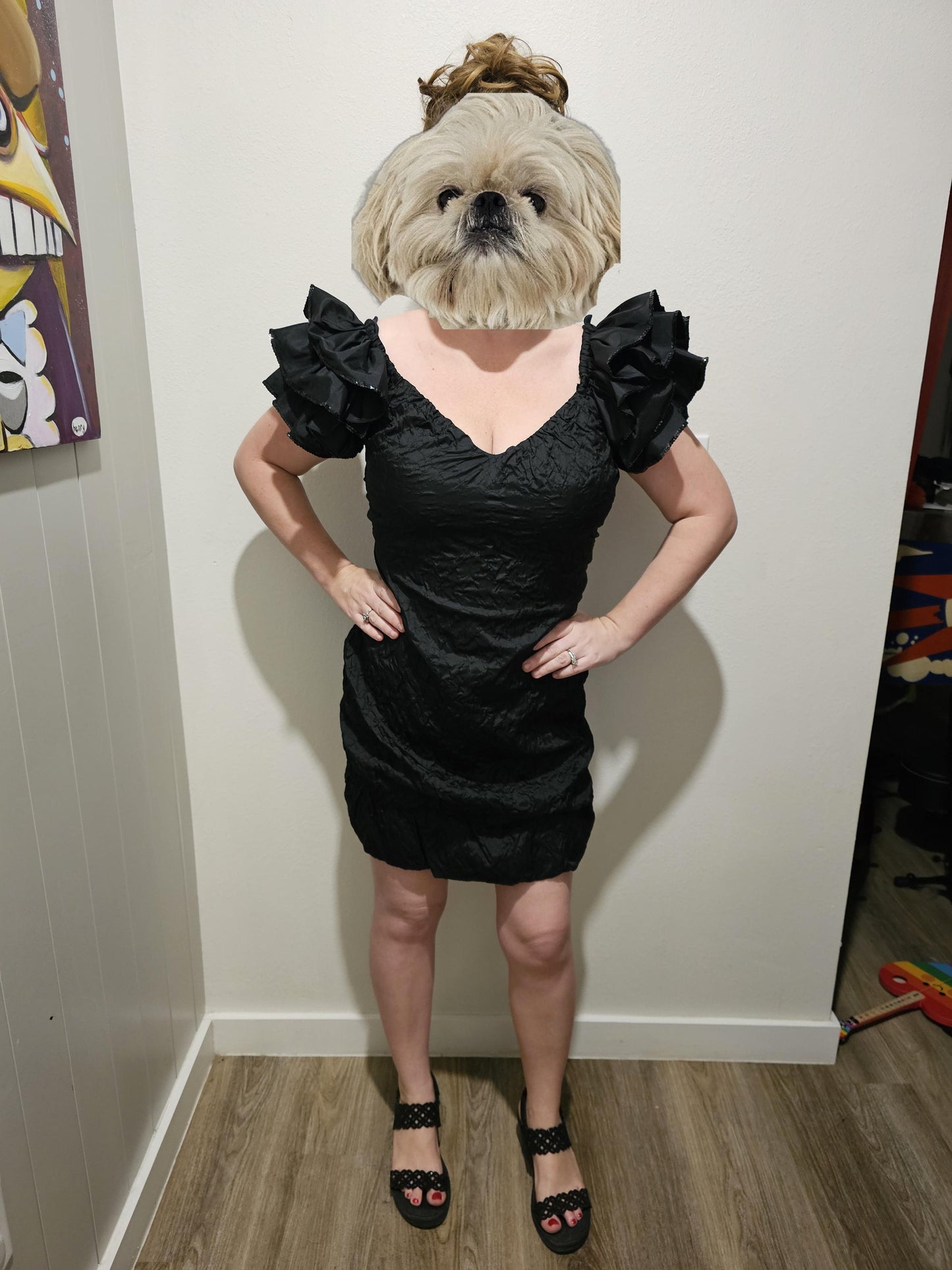 80s Black Vintage Crinkle Taffeta Cocktail Dress Bubble Hem Sequin Puff Shoulders New Wave Goth Punk Sz M 6 USA/Union made