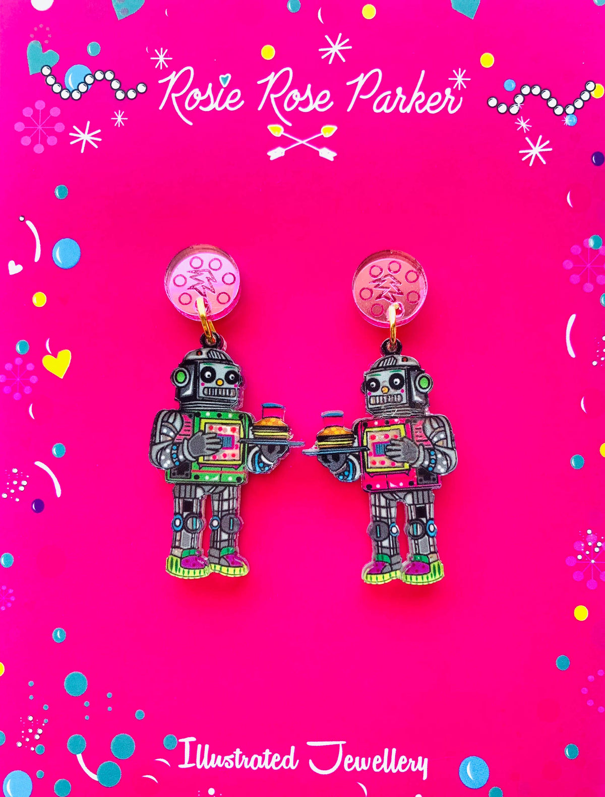 Retro Robot Acrylic Dangle Earrings – Quirky Sci-Fi Jewelry