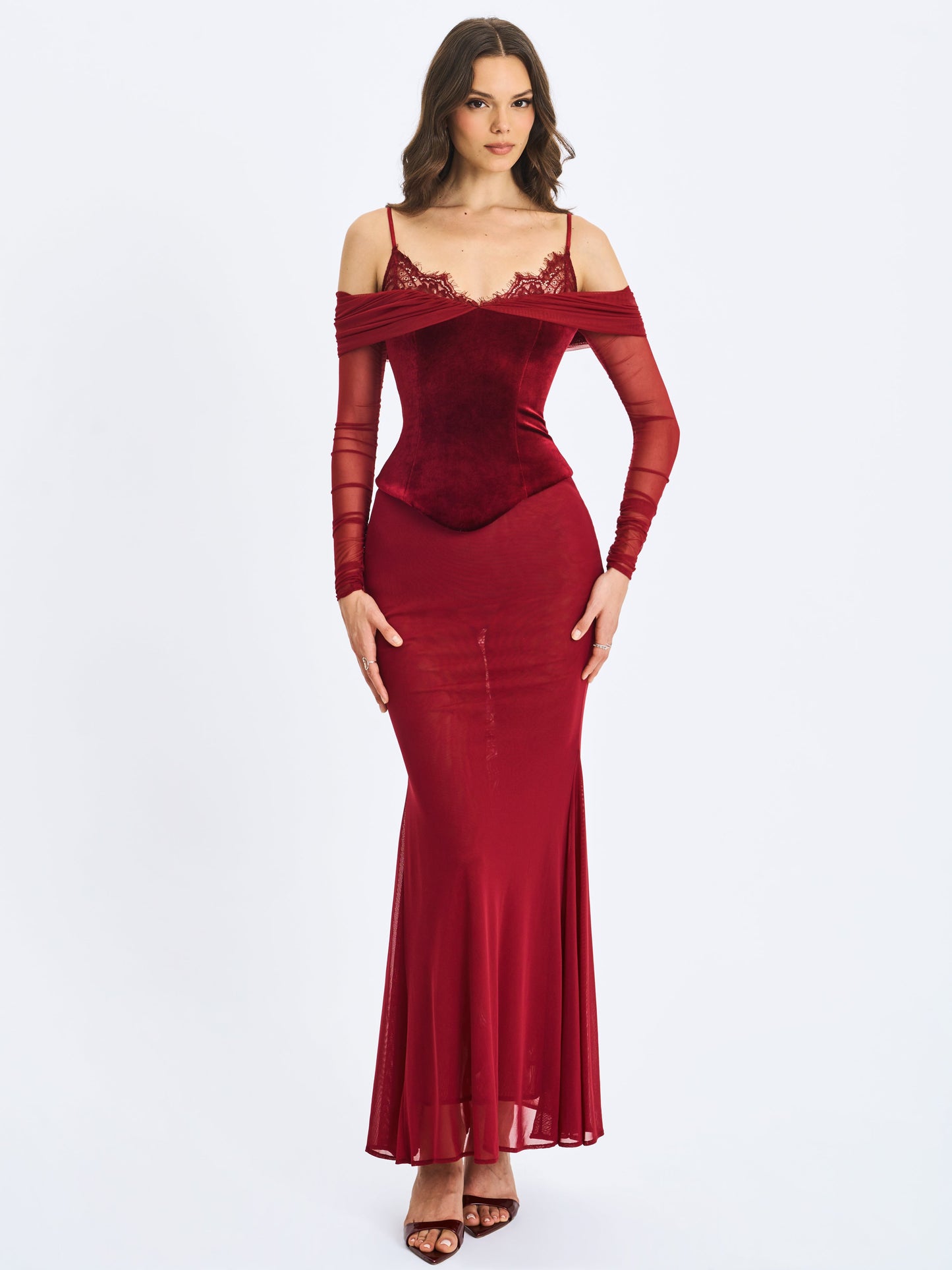 Maybelle Magenta Bardot Lace Strap Peplum Maxi Dress