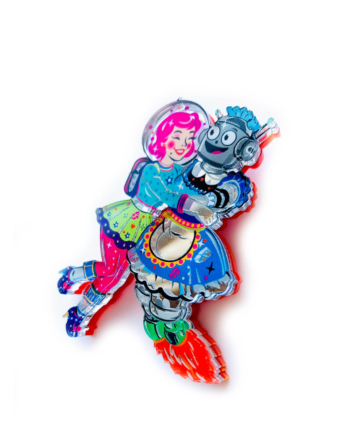 Robot & Space Girl Acrylic Brooch,Retro Sci-Fi Pin