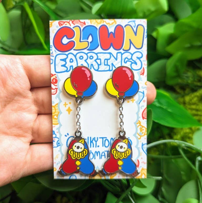 Dangling Clown Earrings: Saturated Silver