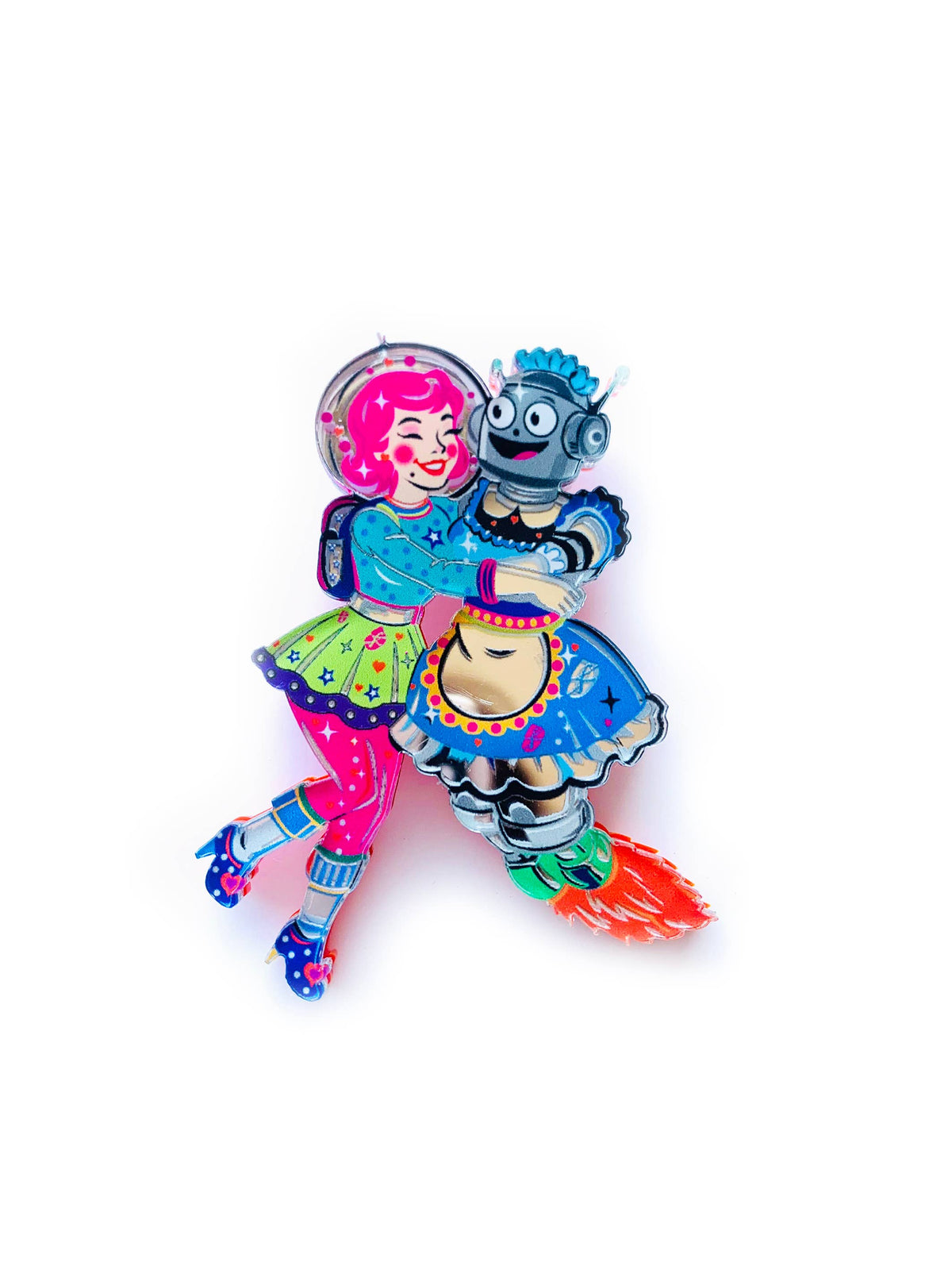 Robot & Space Girl Acrylic Brooch,Retro Sci-Fi Pin