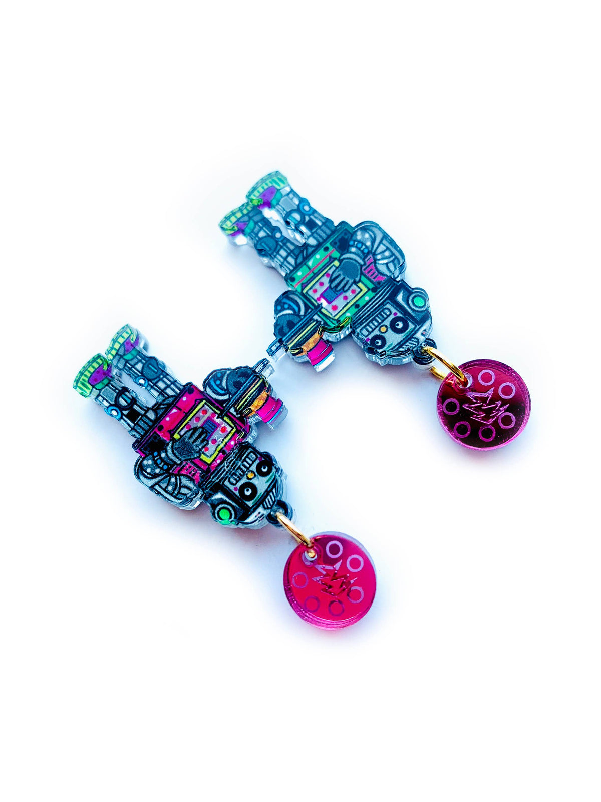 Retro Robot Acrylic Dangle Earrings – Quirky Sci-Fi Jewelry