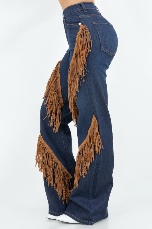 GJG Denim Western Fringe Wide Leg Denim Jeans