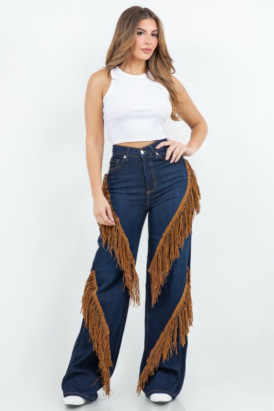 GJG Denim Western Fringe Wide Leg Denim Jeans