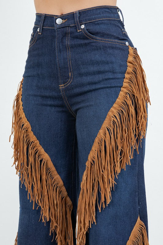 GJG Denim Western Fringe Wide Leg Denim Jeans