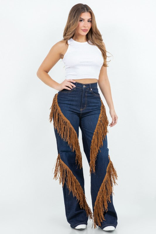 GJG Denim Western Fringe Wide Leg Denim Jeans