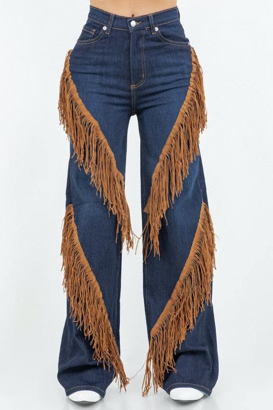 GJG Denim Western Fringe Wide Leg Denim Jeans