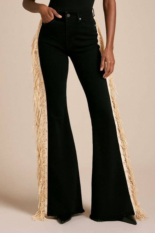 GJG Denim Texas Sun Bell Bottom Jean- Beige Fringe