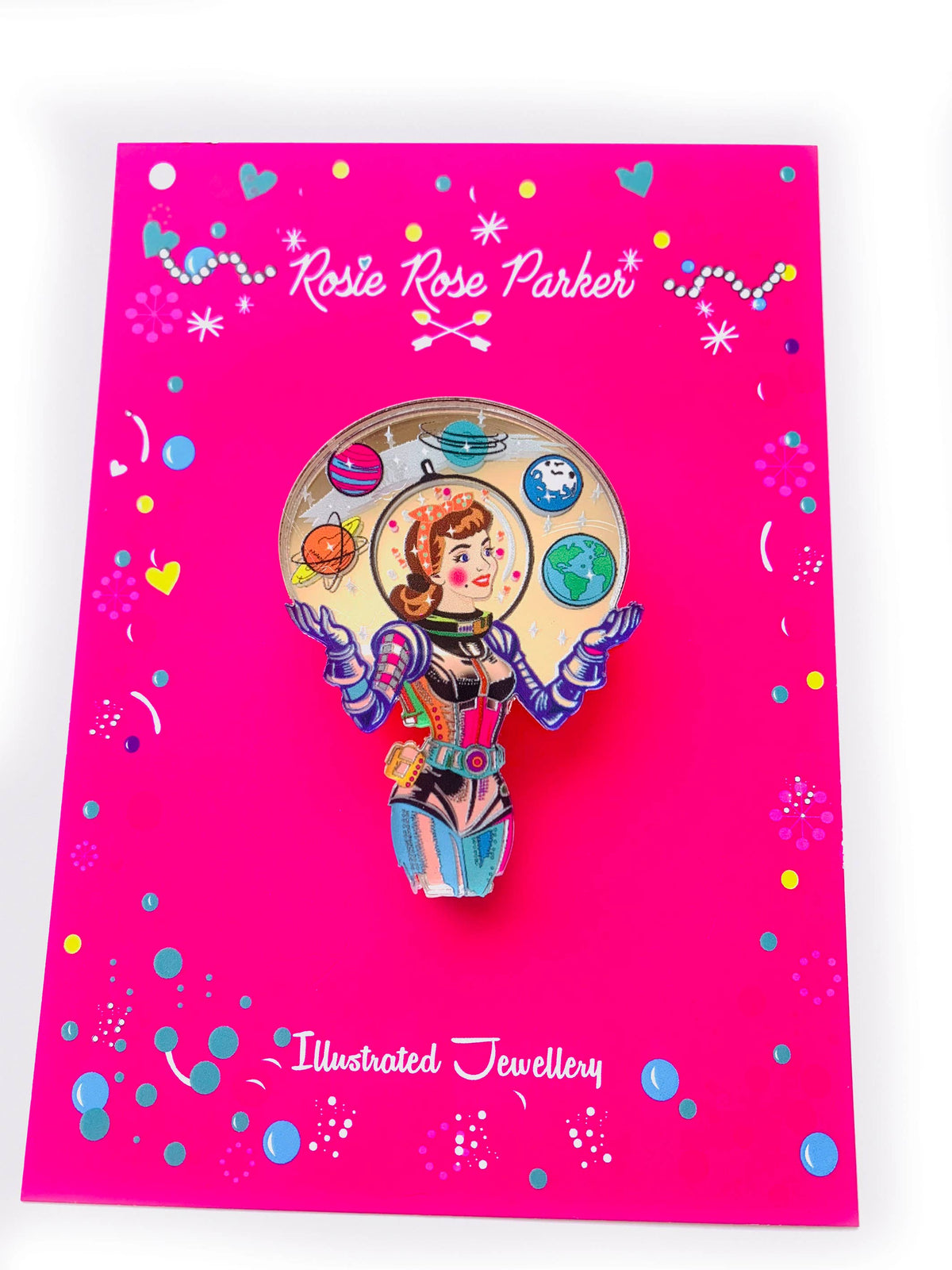 Space Girl Juggling Planets Acrylic Brooch,Retro Sci-Fi Pi