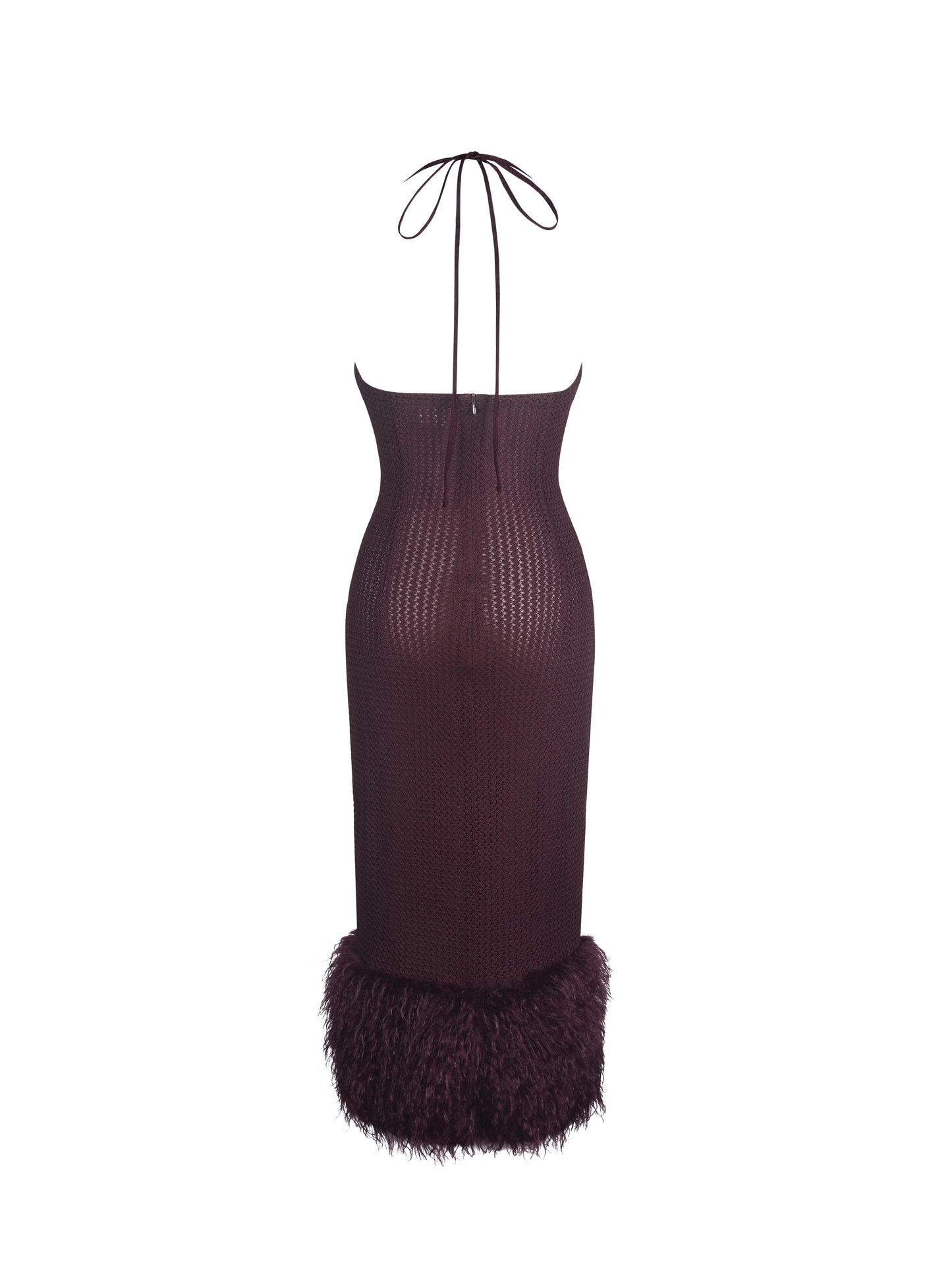 Pluma Maroon Halter Faux-Fur Trimmed Midi Dress