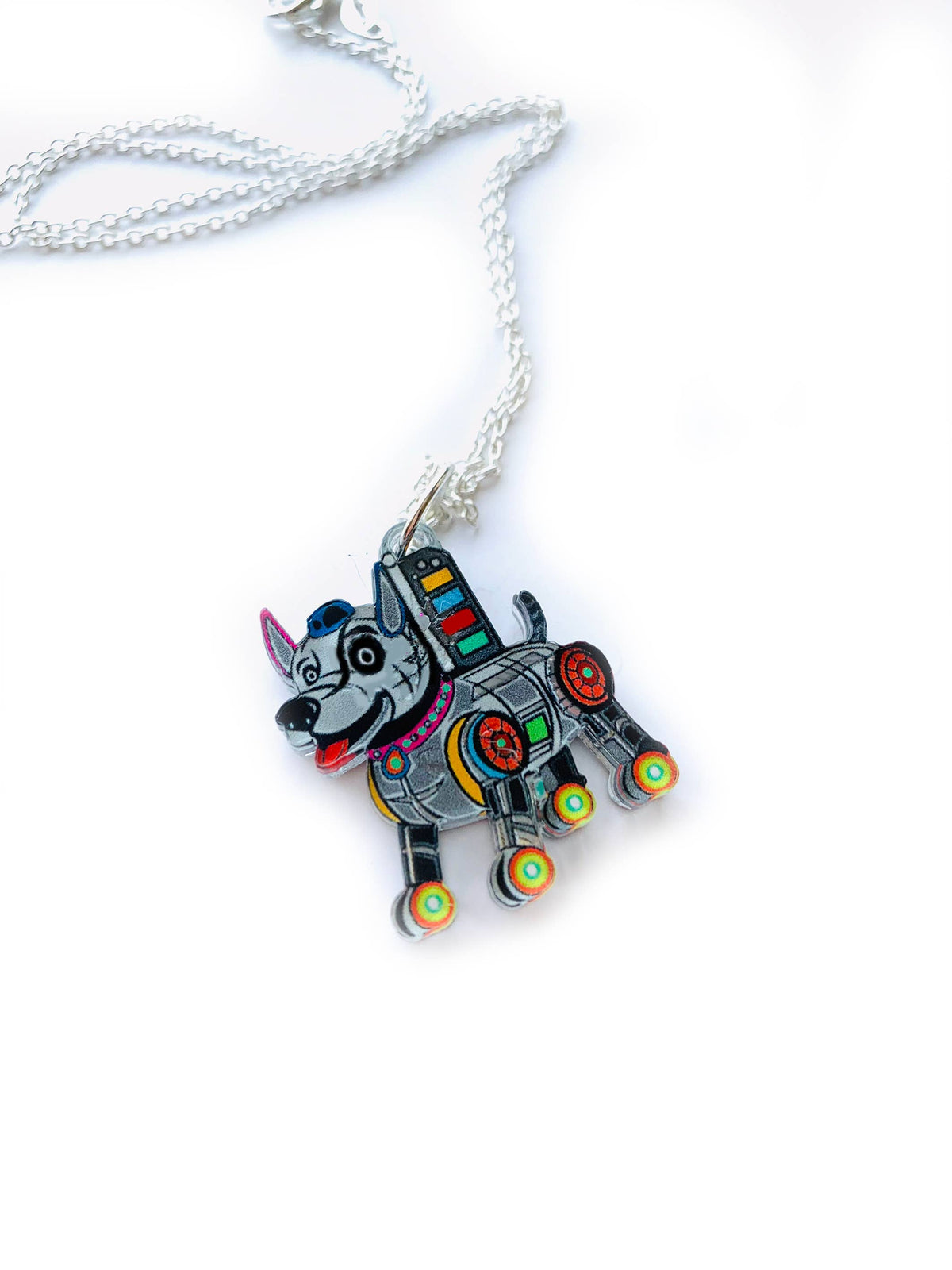 Robot Dog Pendant Necklace .Quirky Retro Sci-Fi jewellery: Sterling Silver Plated