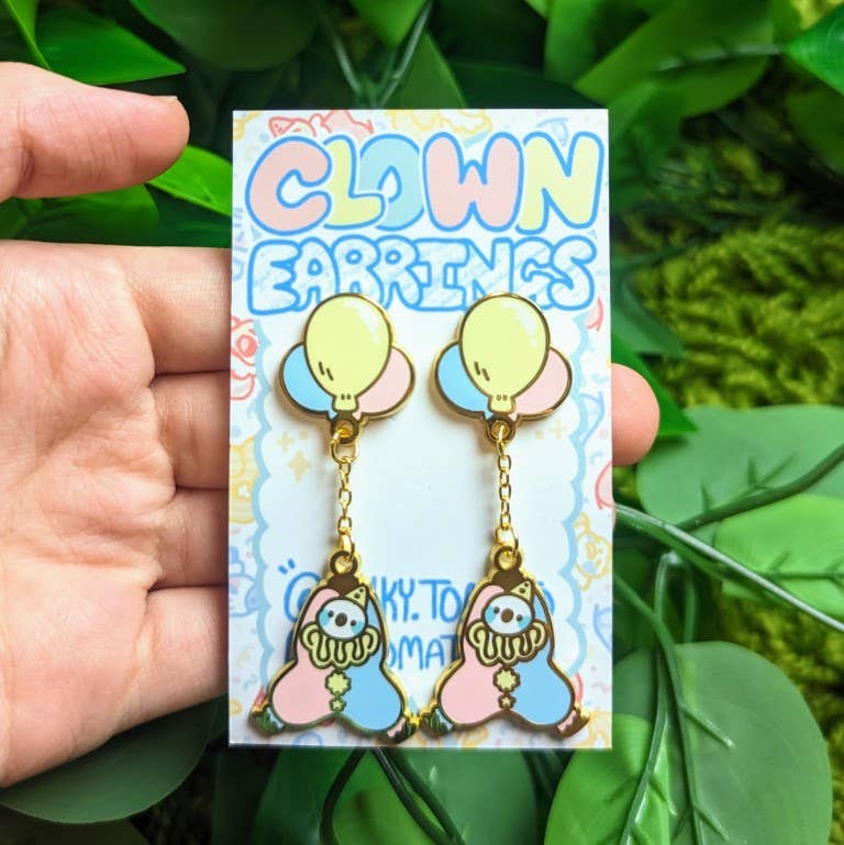 Dangling Clown Earrings: Saturated Silver