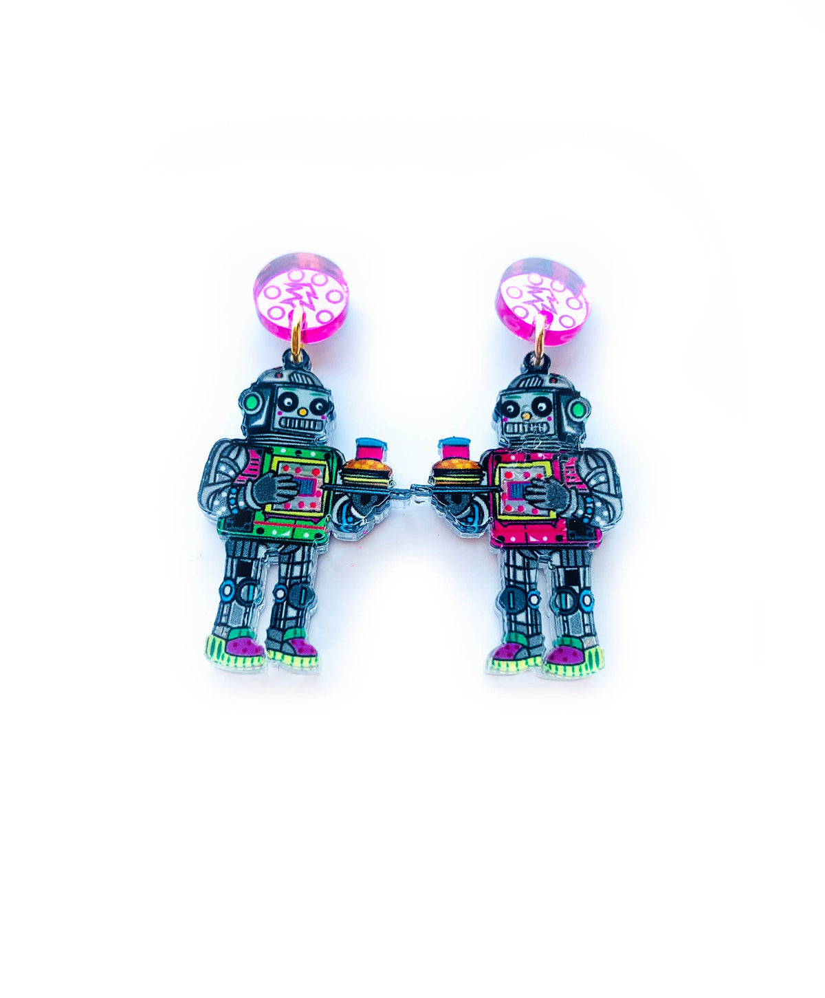 Retro Robot Acrylic Dangle Earrings – Quirky Sci-Fi Jewelry