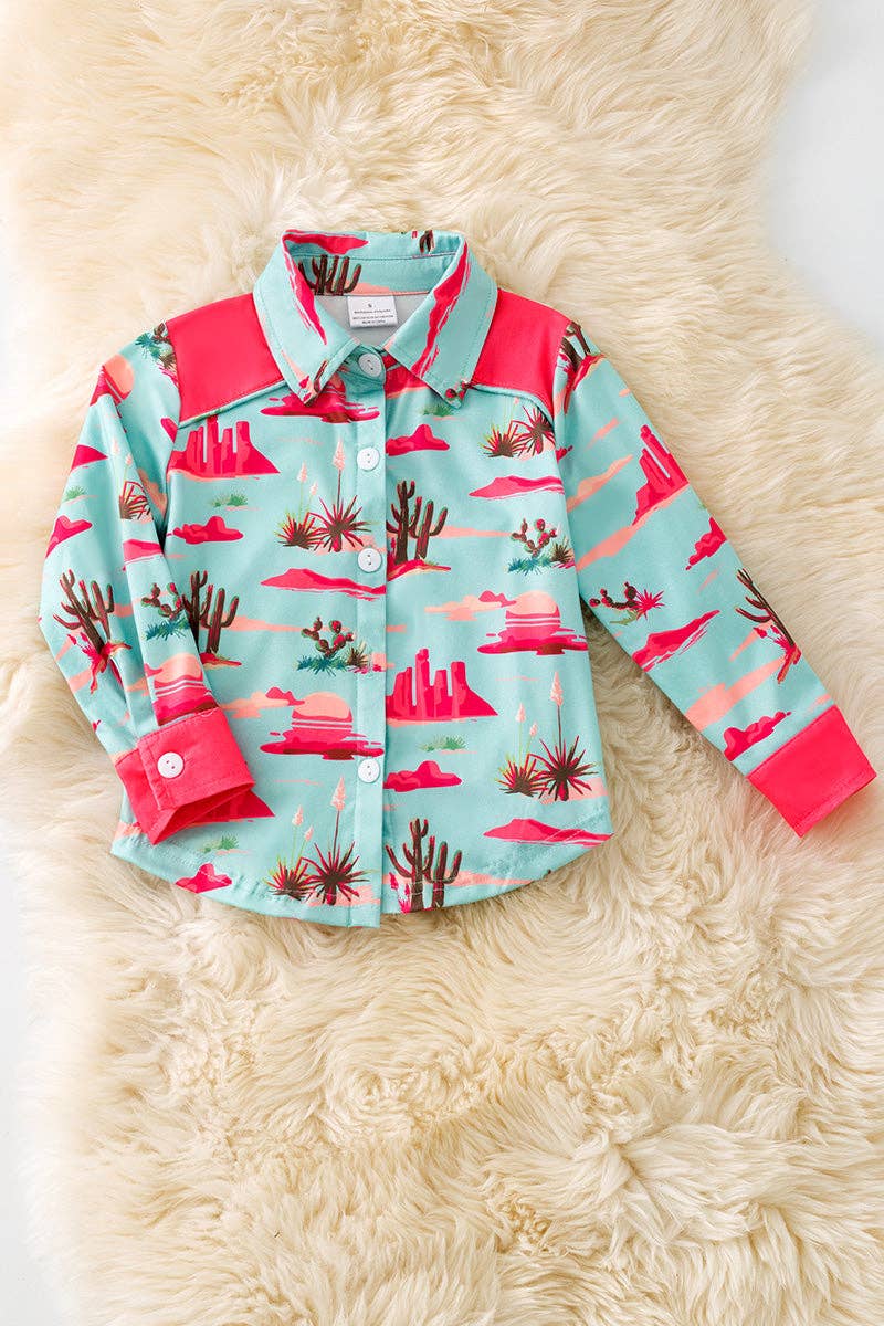 Pink & aqua dessert cactus printed button long shirt.(Western) TPG50653 JEAN: XS