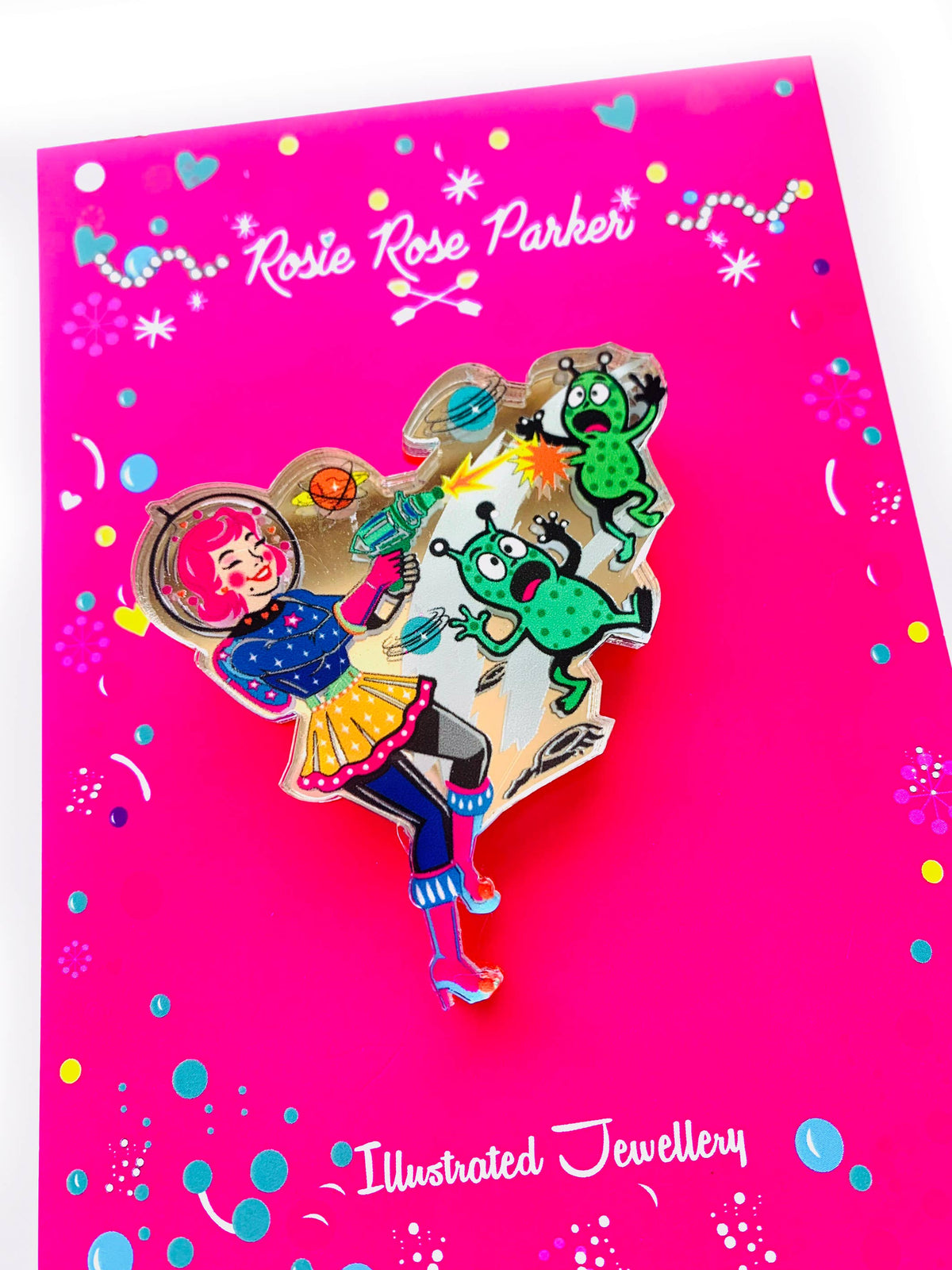 Space Girl Alien Blaster Acrylic Brooch, Retro Sci-Fi Pin