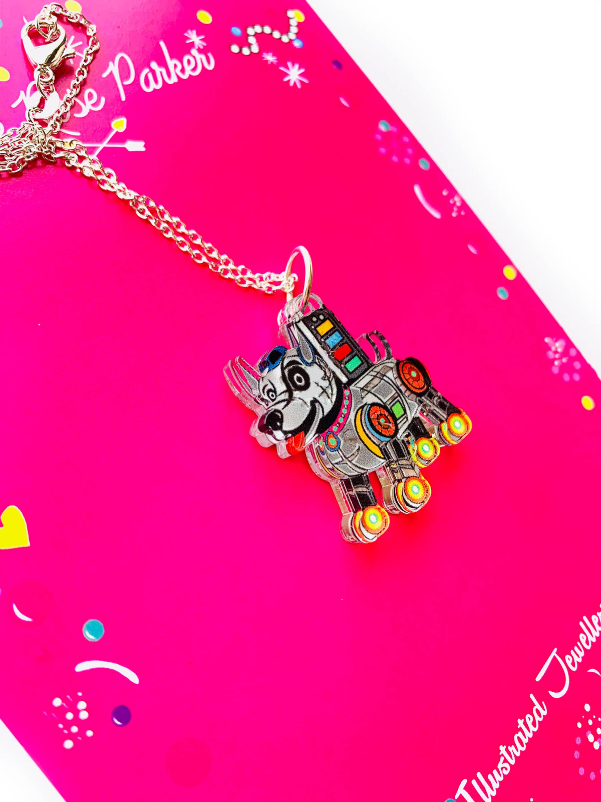 Robot Dog Pendant Necklace .Quirky Retro Sci-Fi jewellery: Sterling Silver Plated