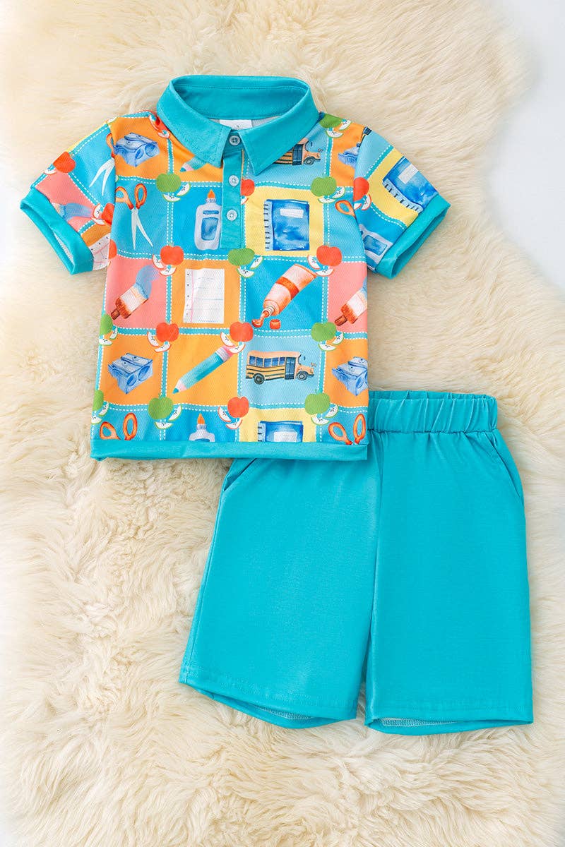 Turquoise back to school boys 2 piece set. OFB50080: S