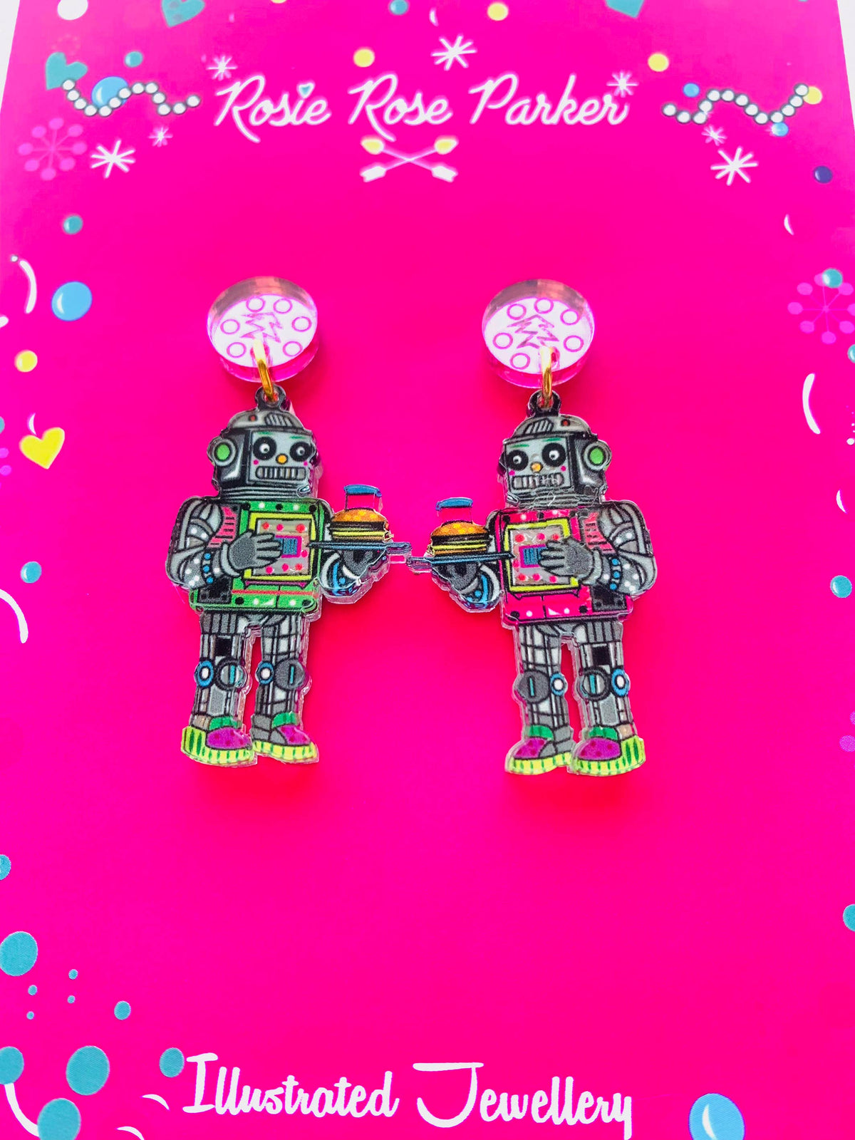 Retro Robot Acrylic Dangle Earrings – Quirky Sci-Fi Jewelry