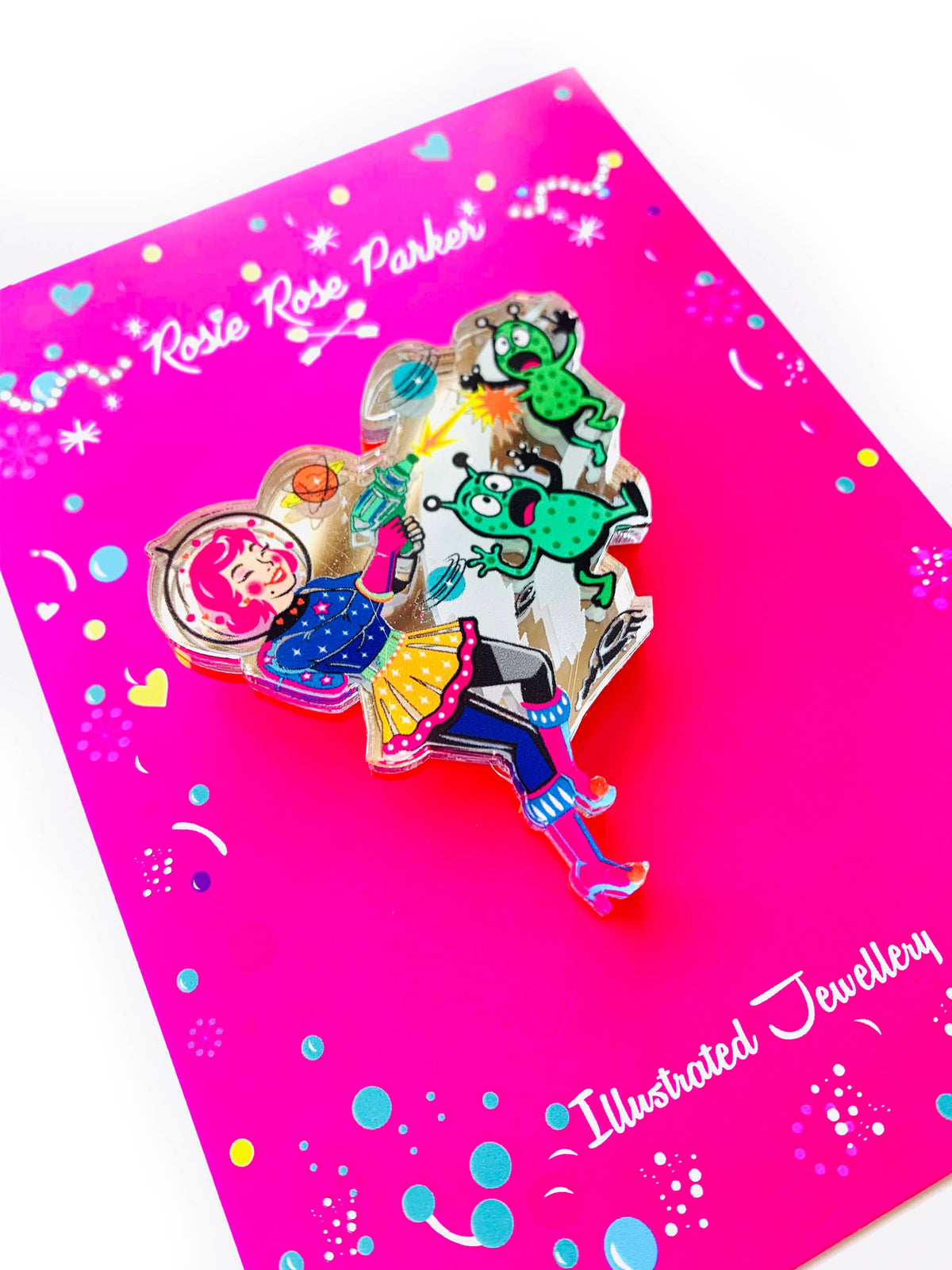Space Girl Alien Blaster Acrylic Brooch, Retro Sci-Fi Pin