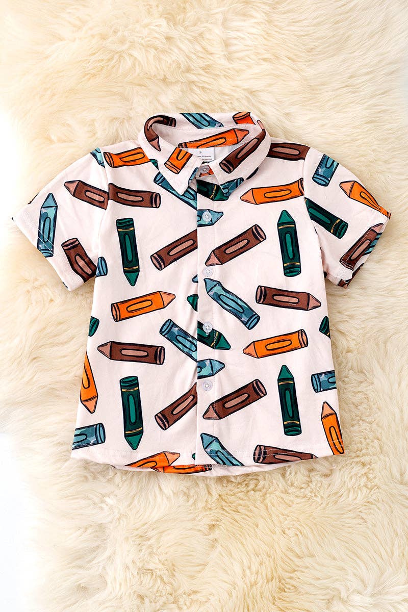 Crayon boys printed button up back to school shirt w/collar. TPB50283: S