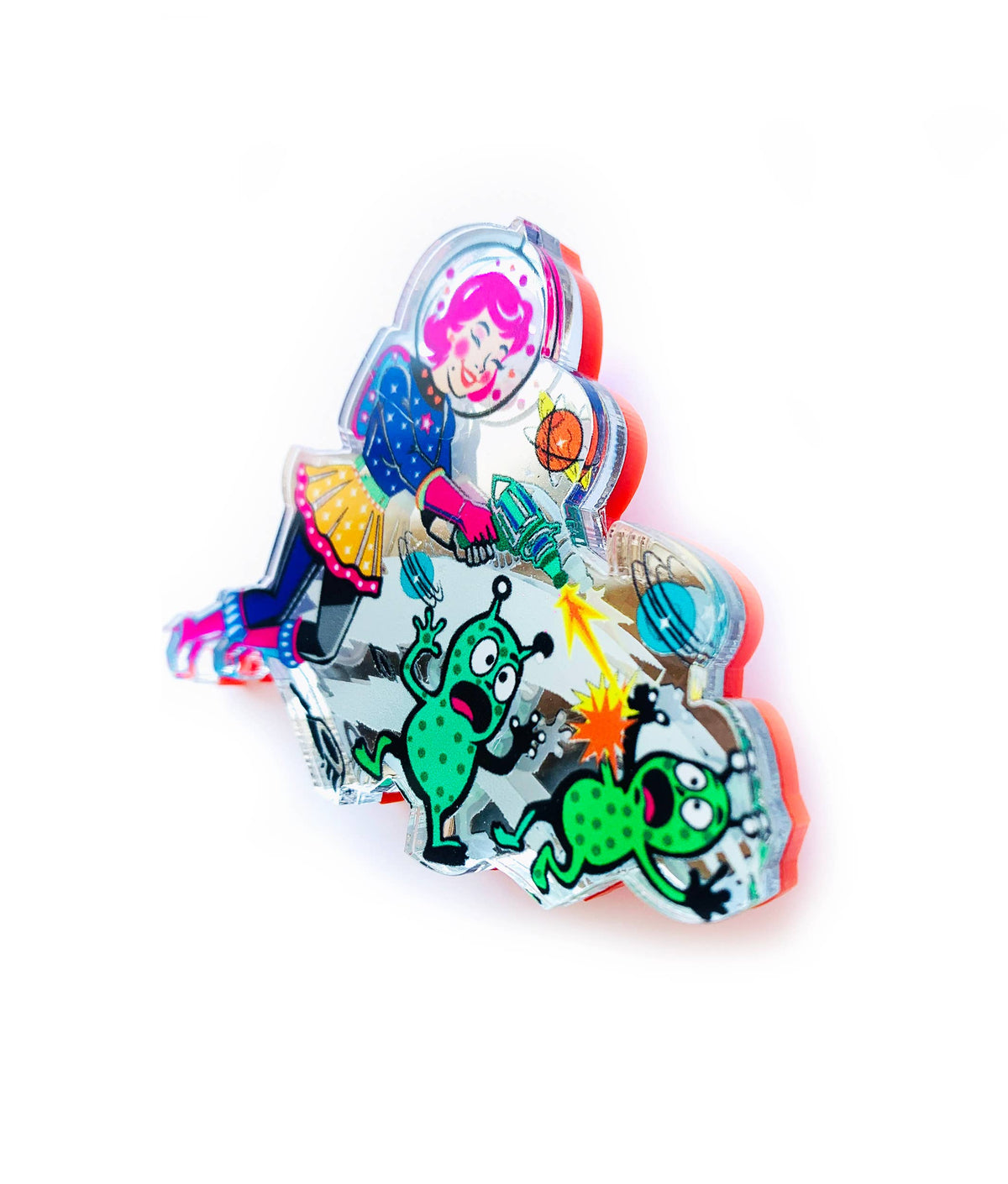 Space Girl Alien Blaster Acrylic Brooch, Retro Sci-Fi Pin