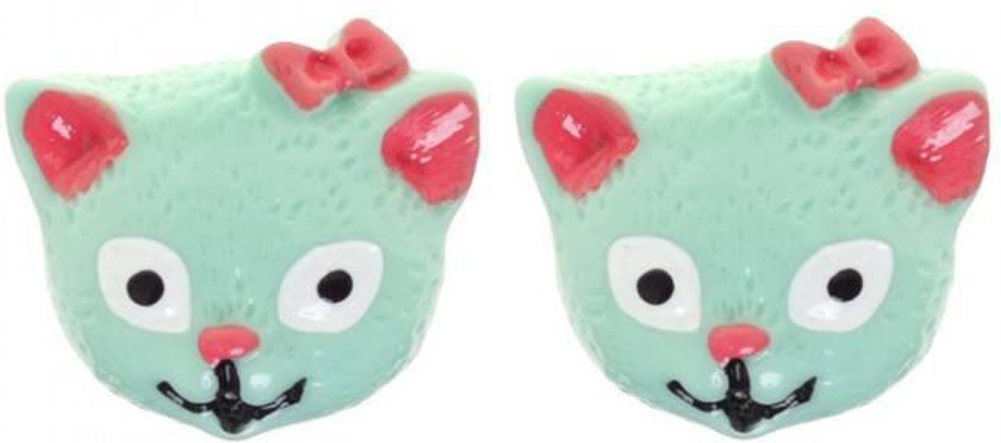 Earrings - Sourpuss Mint Green Cat Studs Retro 1950s Kitty