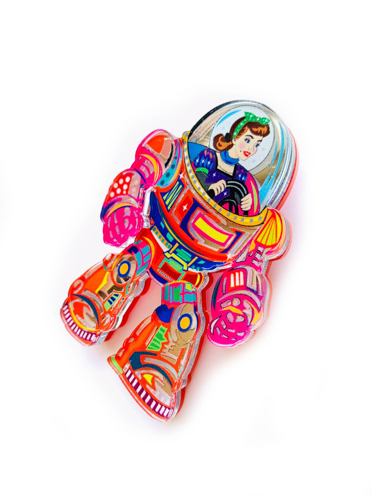 Space Girl Mech Suit Acrylic Brooch ,Retro quirky Sci-Fi Pin