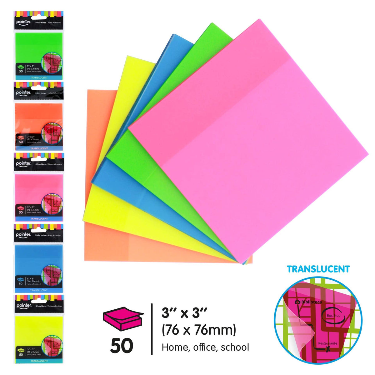 Sticky Notes, 3x3, Neon Translucent, 50 Sheets