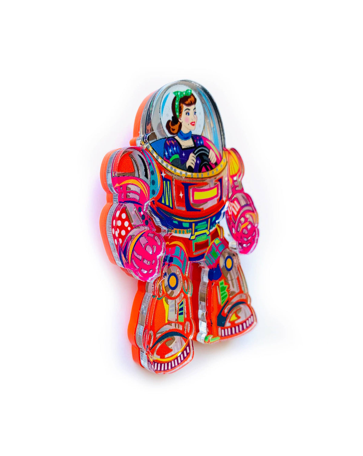 Space Girl Mech Suit Acrylic Brooch ,Retro quirky Sci-Fi Pin