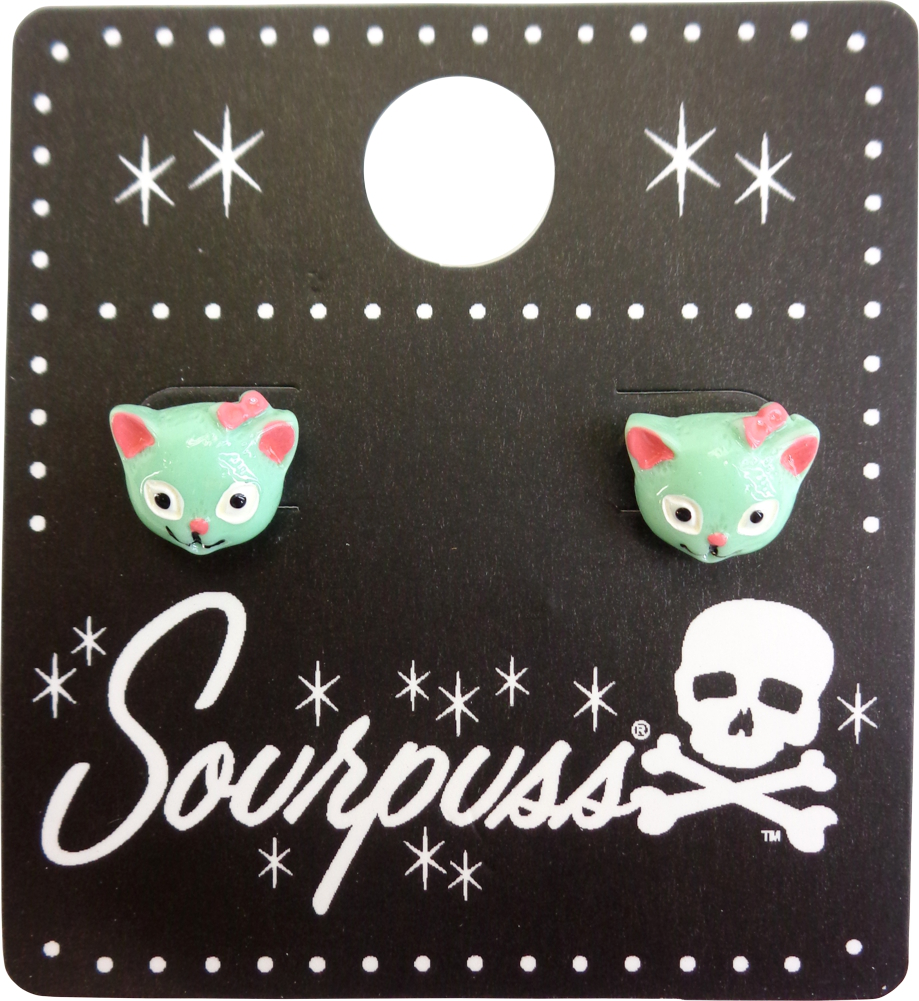 Earrings - Sourpuss Mint Green Cat Studs Retro 1950s Kitty