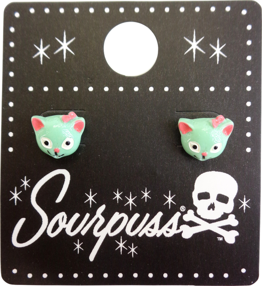 Earrings - Sourpuss Mint Green Cat Studs Retro 1950s Kitty