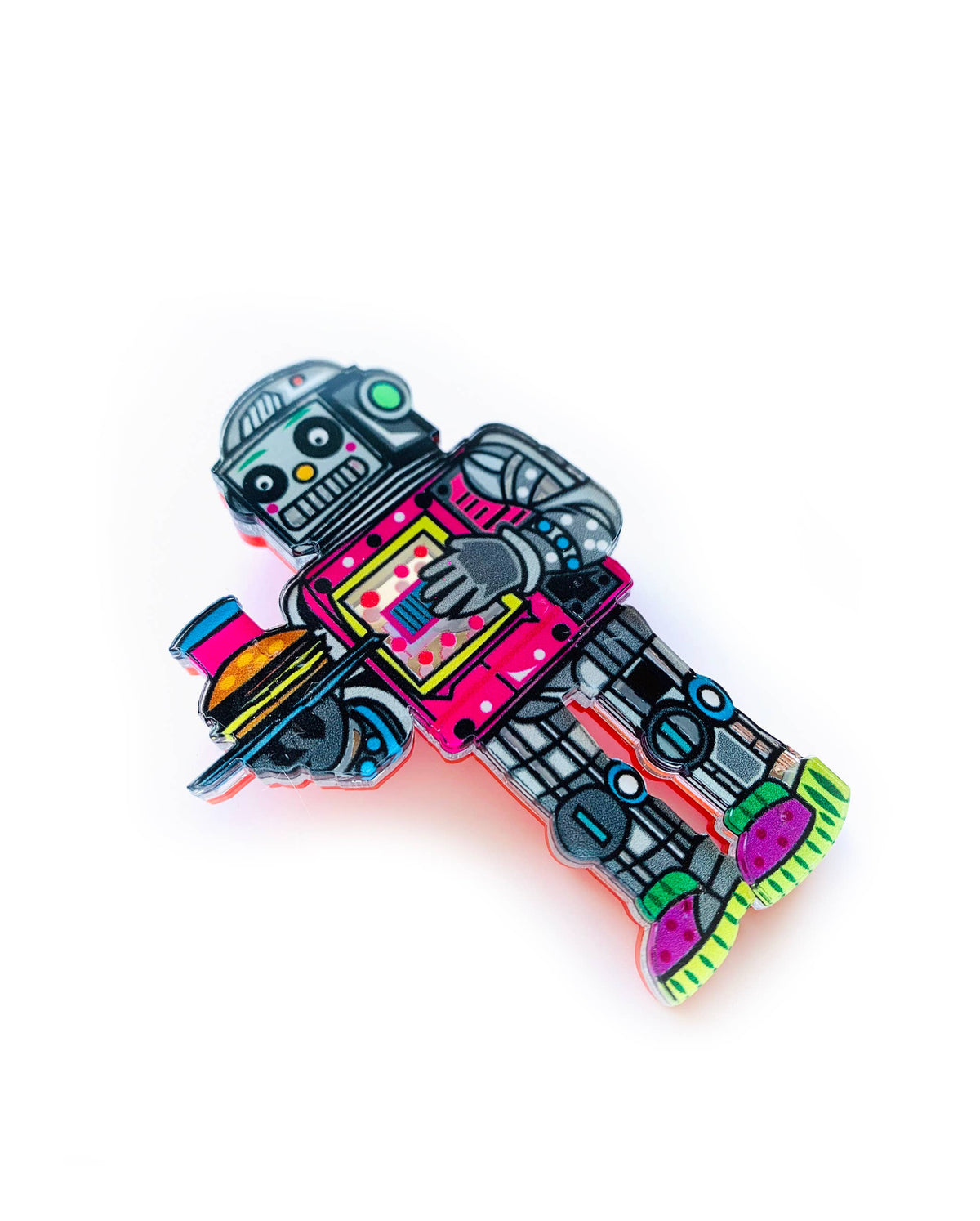 Retro Diner Robot Brooch 1950s Sci-Fi Waiter Acrylic Pin