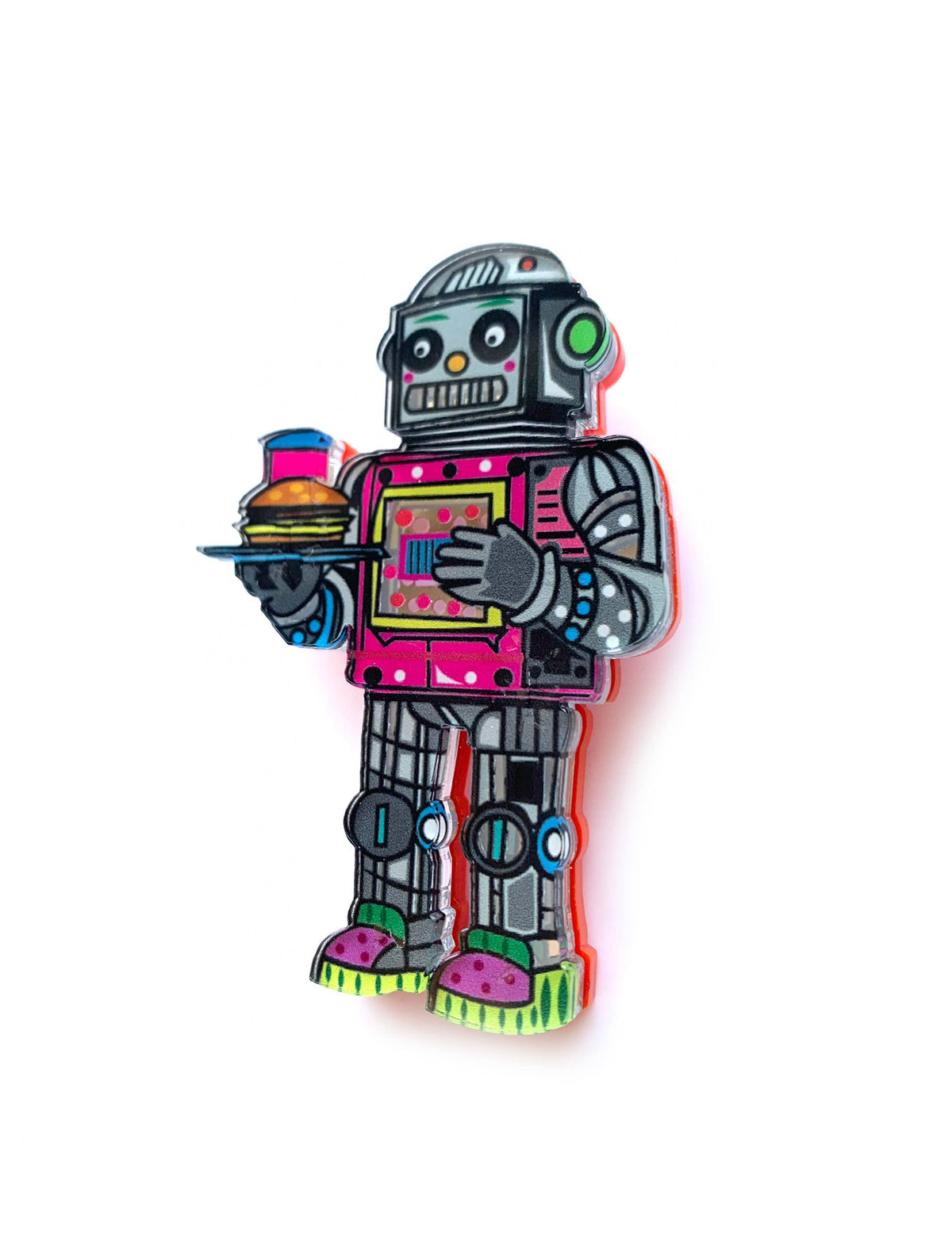 Retro Diner Robot Brooch 1950s Sci-Fi Waiter Acrylic Pin