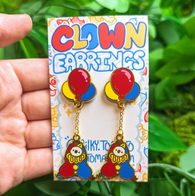 Dangling Clown Earrings: Saturated Silver