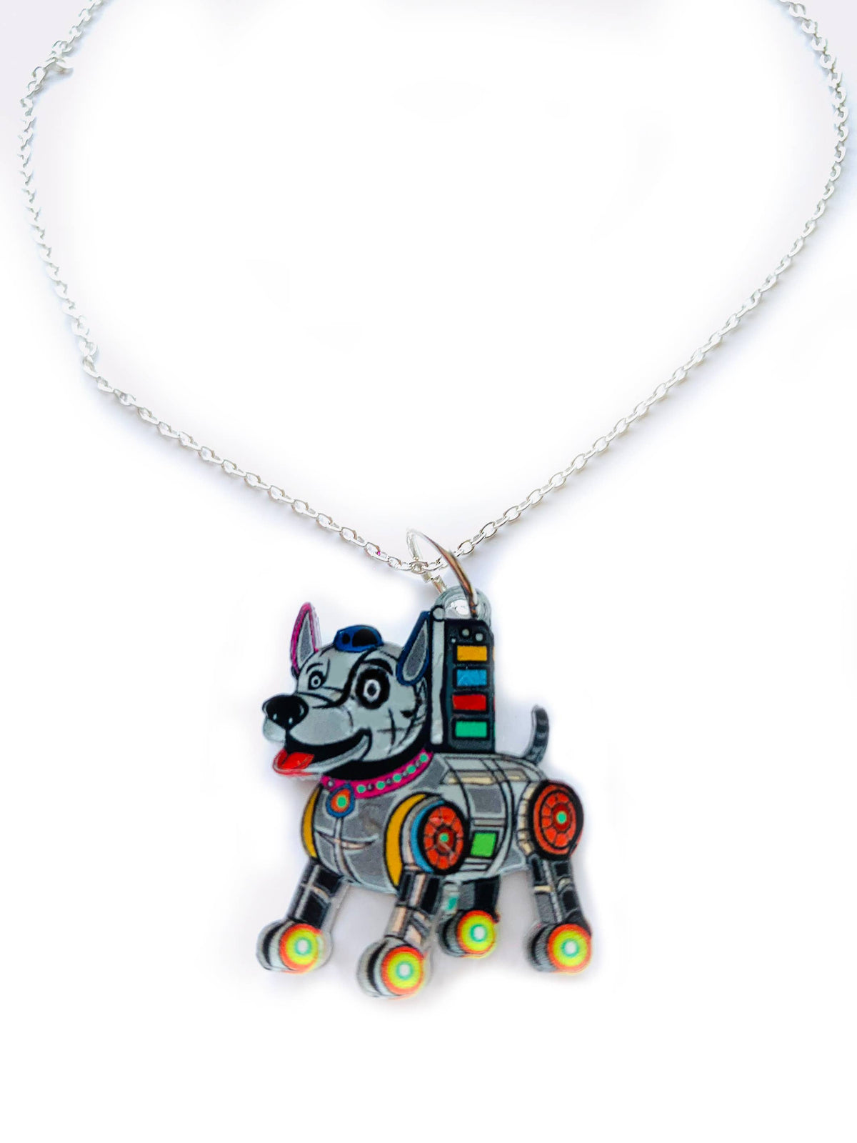 Robot Dog Pendant Necklace .Quirky Retro Sci-Fi jewellery: Sterling Silver Plated