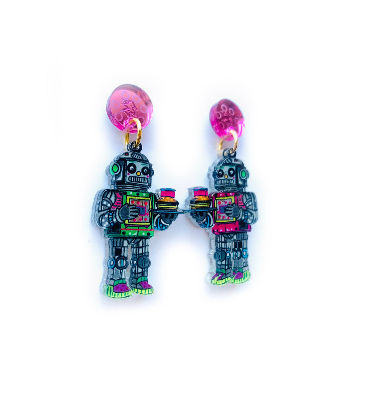 Retro Robot Acrylic Dangle Earrings – Quirky Sci-Fi Jewelry