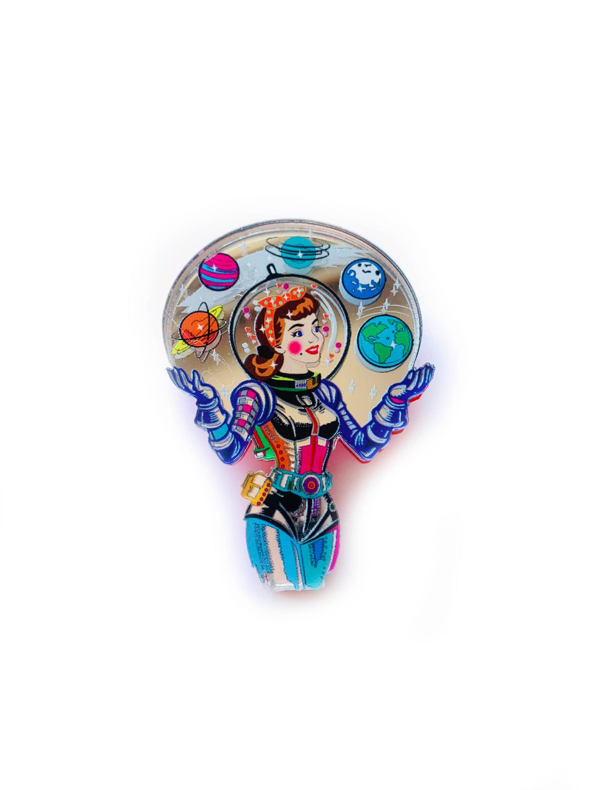 Space Girl Juggling Planets Acrylic Brooch,Retro Sci-Fi Pi