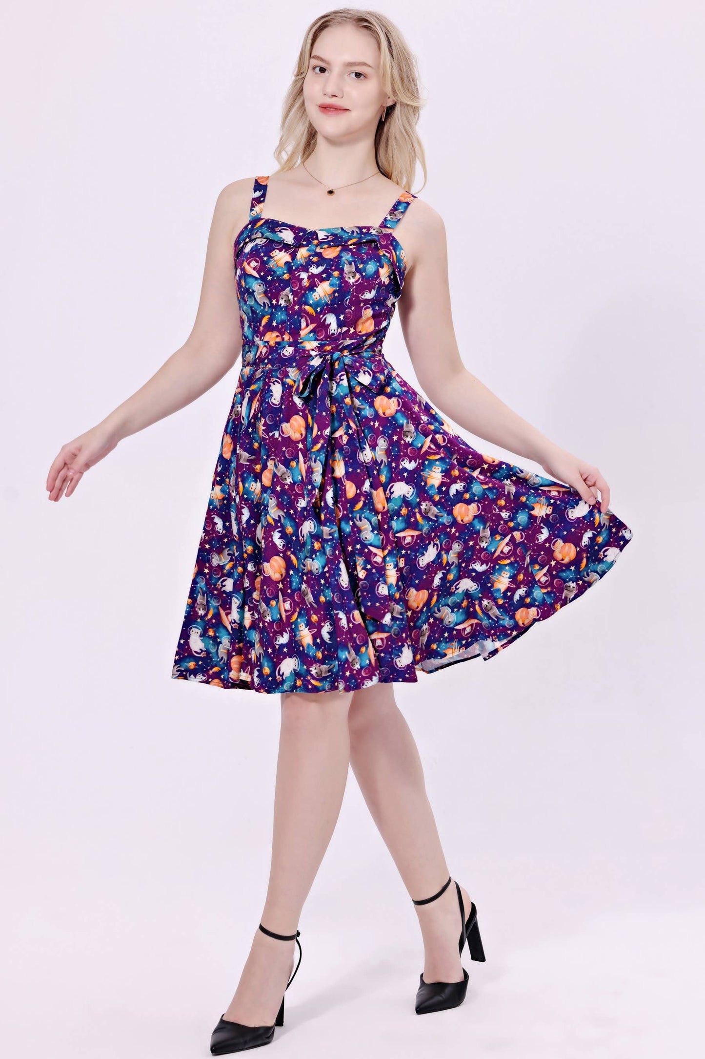 248142 - Kyla - Soysilk Fit & Flare Dress With Pockets: Purple Multi / L